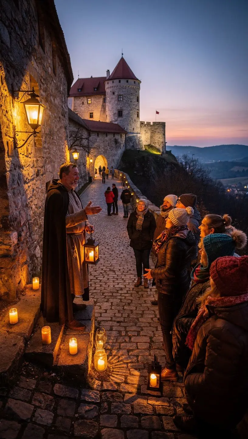 The enchanting Bojnice Castle illuminated at sunset, showcasing its romantic architectural features.
