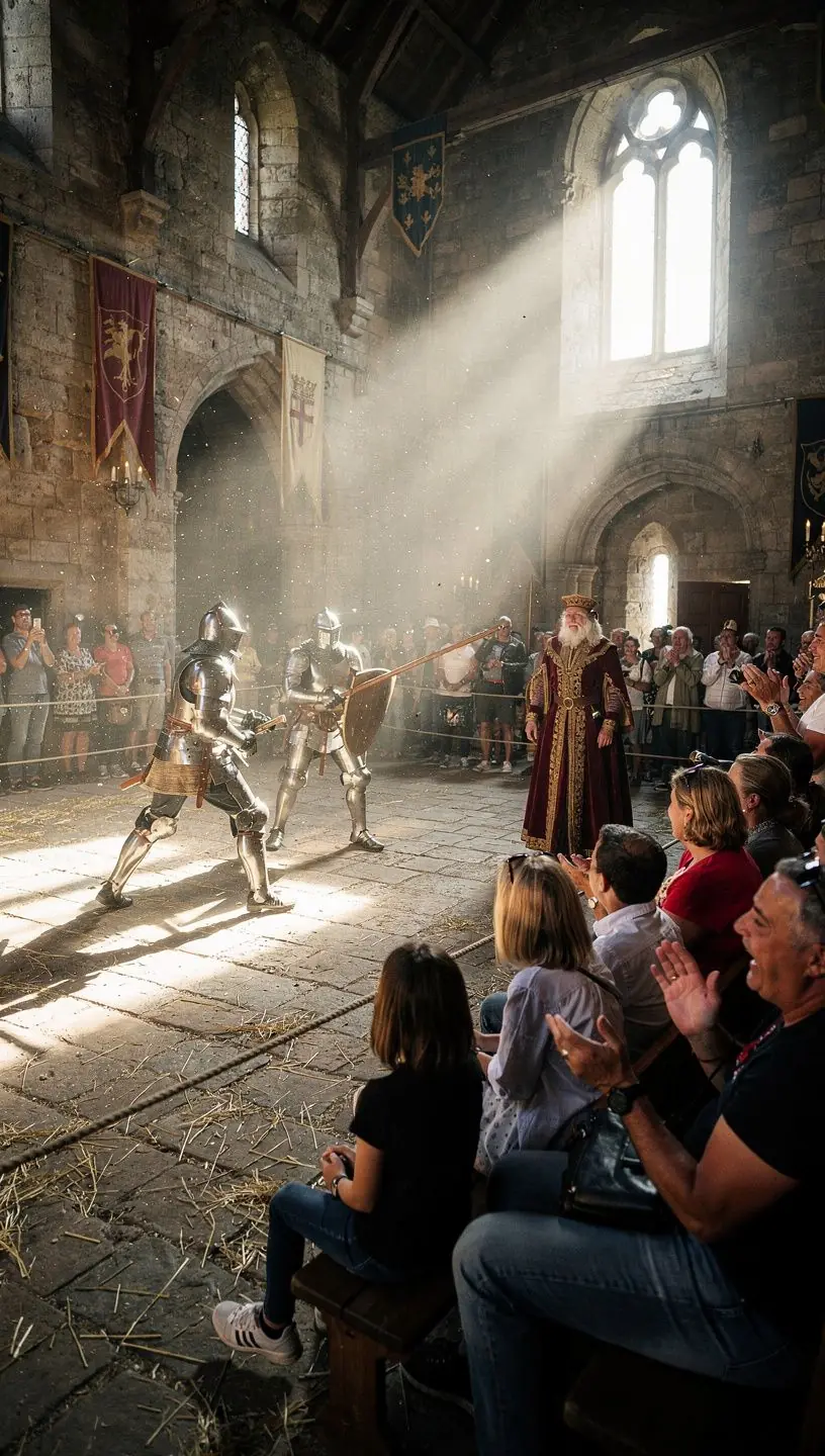 Visitors exploring the ancient stone walls of a medieval fortress, immersed in history and culture.