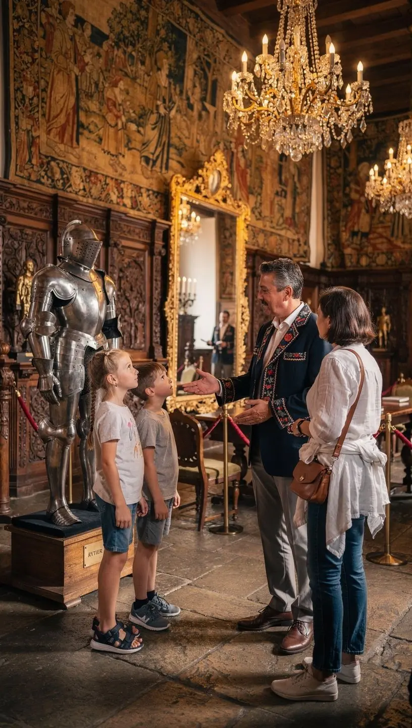 A close-up of intricate carvings on the facade of a historic castle, highlighting its architectural details.